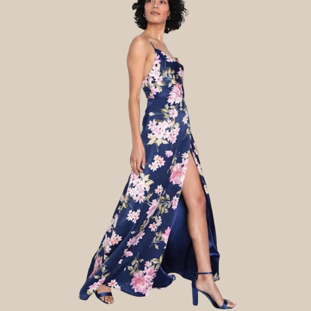 Lulus Love of Romance Navy Floral Print Satin Cowl Neck Maxi Dress NWT Size M
